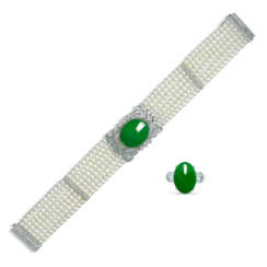 JADEITE, DIAMOND AND SEED PEARL BRACELET AND RING