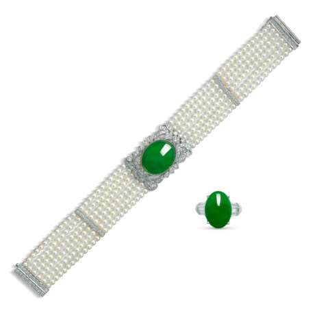 JADEITE, DIAMOND AND SEED PEARL BRACELET AND RING - фото 1