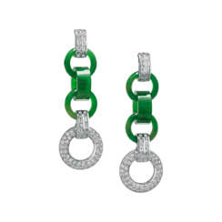 NO RESERVE – TRIPLE JADEITE HOOP AND DIAMOND EARRINGS