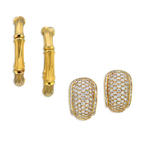 NO RESERVE – CARTIER 'BAMBOO' HOOP EARRINGS; AND DIAMOND EARRINGS - Foto 1