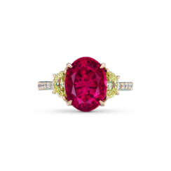 RUBY, COLOURED DIAMOND AND DIAMOND RING