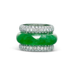 JADEITE ABACUS SEED RING AND PAIR OF DIAMOND RINGS