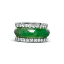 JADEITE ABACUS SEED RING AND PAIR OF DIAMOND RINGS