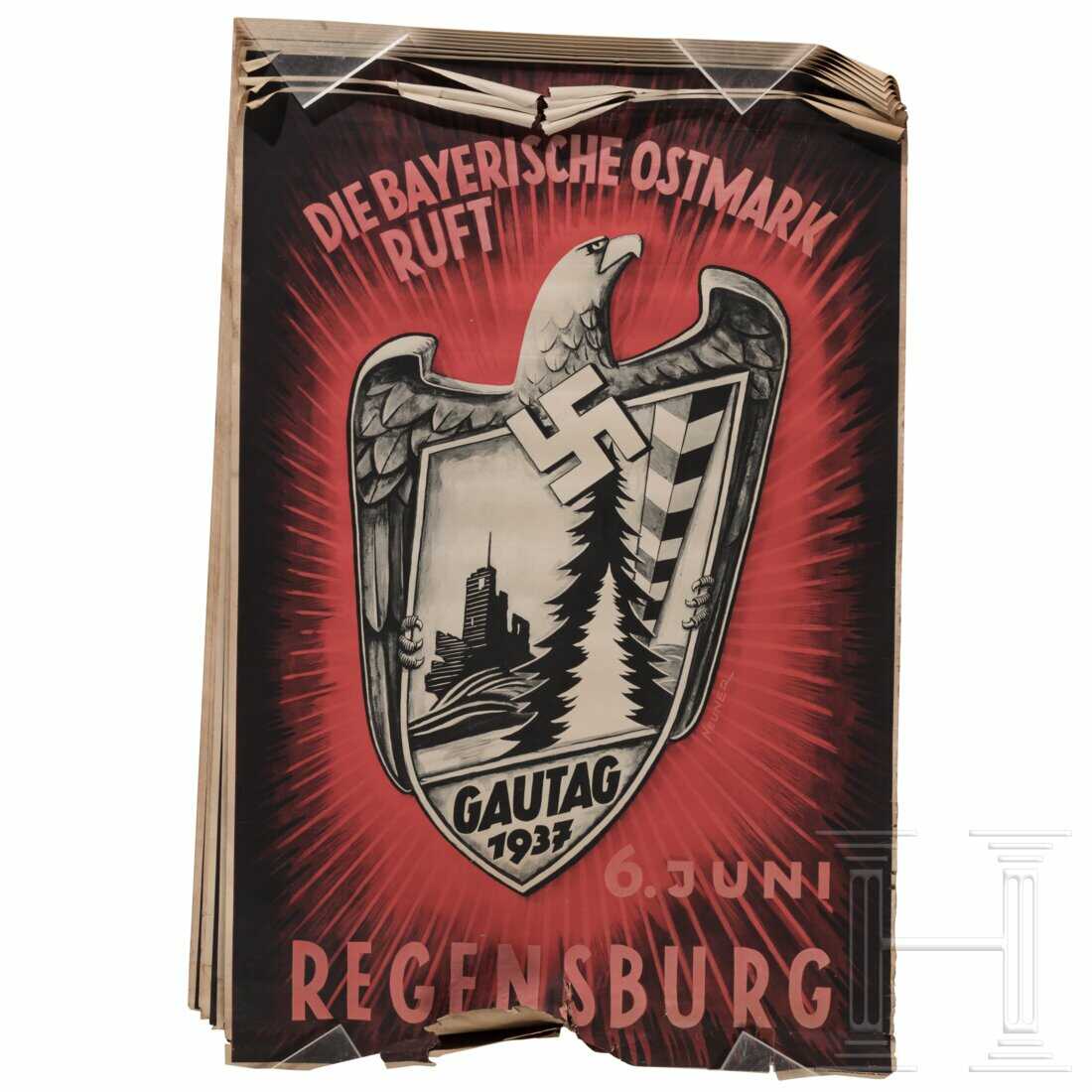 Zehn Exemplare des Plakates "Die bayerische Ostmark ruft - Gautag 1937 - 6. Juni Regensburg"