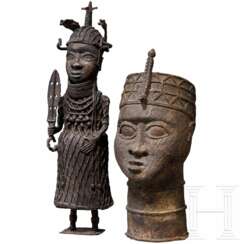 Kopf und Figur eines Oba aus Bronze, Yoruba, Benin, 20. Jhdt.