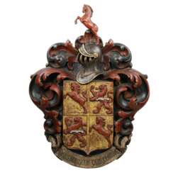 Large wooden coat of arms topped with a horse and the inscription Deus Nobiscum Quis Contra, 19th century.