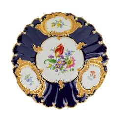 Gorgeous cobalt blue Meissen dish with gilding and delicate painting. 20th century.