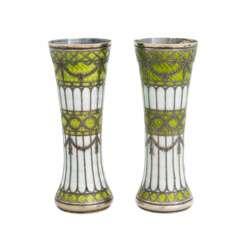 A pair of vases-buds of gilded silver and guilloche enamel, early 20th century.