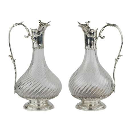 Pair of French, spiral glass wine jugs with silver. Late 19th century. - фото 1