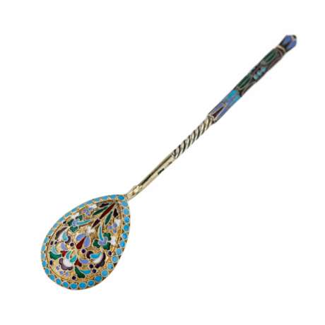 Silver glass holder with a spoon decorated with cloisonne enamel. Moscow 1908-1917. - фото 8