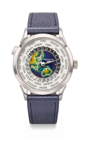 PATEK PHILIPPE. A RARE AND ATTRACTIVE 18K WHITE GOLD AUTOMATIC WORLD TIME WRISTWATCH WITH CLOISONN&#201; ENAMEL DIAL - photo 1