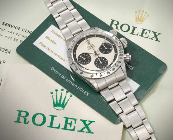 ROLEX. AN EXTREMELY RARE AND ATTRACTIVE STAINLESS STEEL CHRONOGRAPH WRISTWATCH WITH `PAUL NEWMAN PANDA` DIAL AND BRACELET - photo 3