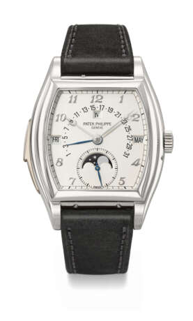 PATEK PHILIPPE. A VERY RARE PLATINUM TONNEAU-SHAPED AUTOMATIC MINUTE REPEATING PERPETUAL CALENDAR WRISTWATCH WITH RETROGRADE DATE, MOON PHASES AND LEAP YEAR INDICATION - фото 1