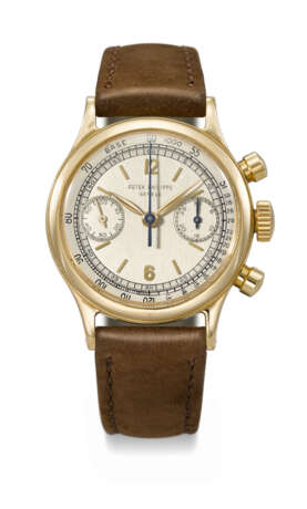 PATEK PHILIPPE. A VERY RARE AND ATTRACTIVE 18K GOLD CHRONOGRAPH WRISTWATCH WITH TWO-TONE AND TACHYMETER SCALE DIAL - Foto 1