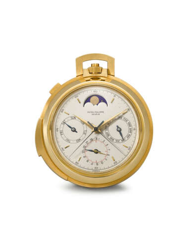 PATEK PHILIPPE. AN EXTREMELY RARE AND LARGE 18K GOLD OPENFACE MINUTE REPEATING PERPETUAL CALENDAR SPLIT SECONDS CHRONOGRAPH KEYLESS LEVER WATCH WITH MOON PHASES - фото 1