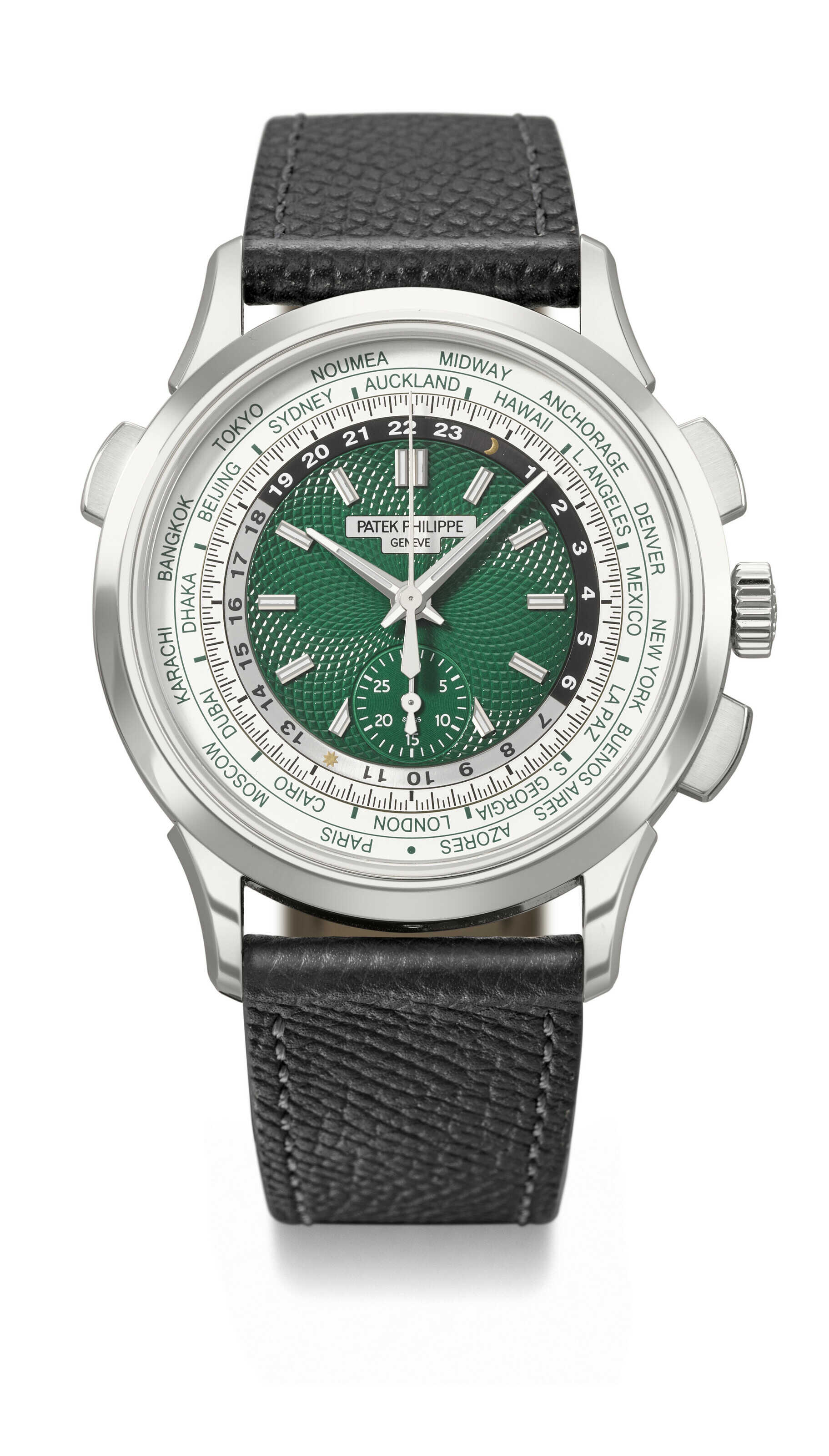 PATEK PHILIPPE. A RARE AND VIBRANT PLATINUM AUTOMATIC FLYBACK CHRONOGRAPH WORLD TIME WRISTWATCH