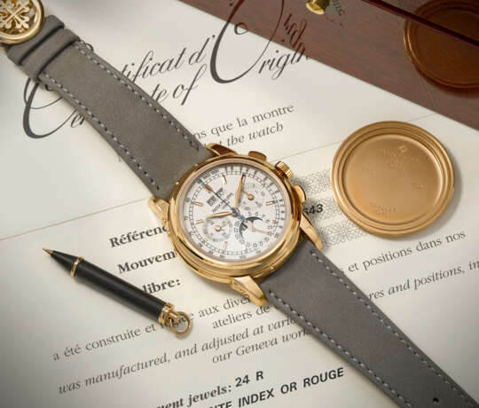 PATEK PHILIPPE. A VERY RARE AND COVETED 18K PINK GOLD PERPETUAL CALENDAR CHRONOGRAPH WRISTWATCH WITH MOON PHASES, 24 HOUR AND LEAP YEAR INDICATION - photo 3