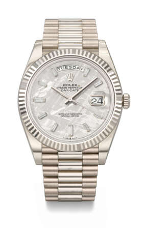 ROLEX. A RARE AND HIGHLY ATTRACTIVE 18K WHITE GOLD AND DIAMOND-SET AUTOMATIC WRISTWATCH WITH SWEEP CENTER SECONDS, DAY, DATE, METEORITE DIAL AND BRACELET - photo 1