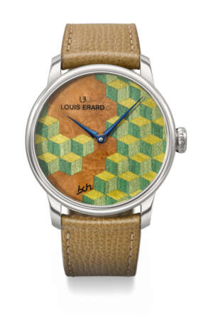 LOUIS ERARD. A UNIQUE AND ATTRACTIVE STAINLESS STEEL AUTOMATIC WRISTWATCH WITH HANDMADE MARQUETRY DIAL - фото 1