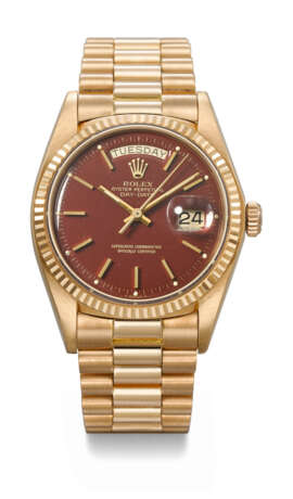 ROLEX. A VERY RARE AND HIGHLY ATTRACTIVE 18K PINK GOLD AUTOMATIC WRISTWATCH WITH SWEEP CENTER SECONDS, OXBLOOD LACQUERED `STELLA` DIAL AND BRACELET - photo 1