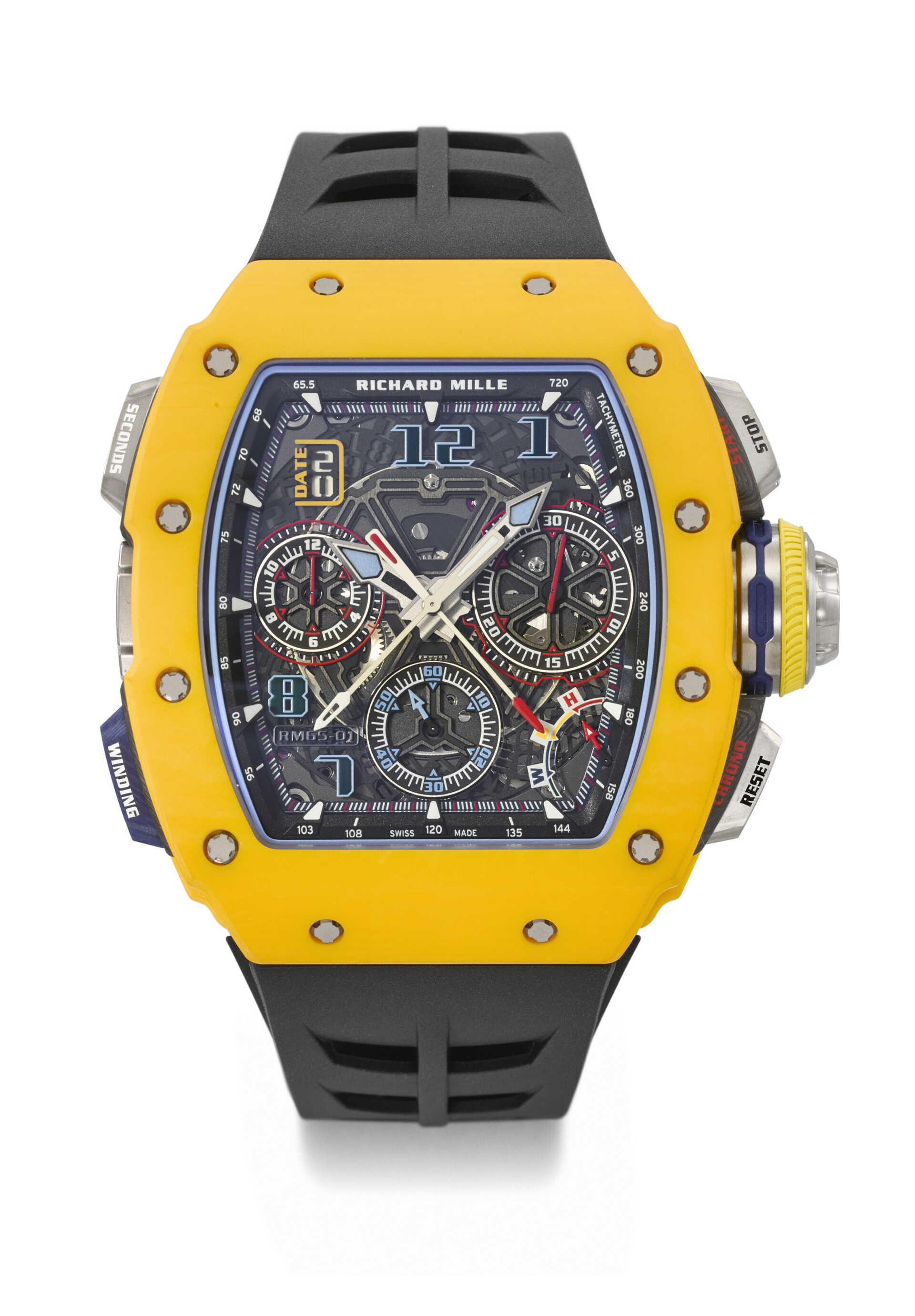 RICHARD MILLE. AN EXTREMELY RARE AND COMPLICATED DARK YELLOW QUARTZ TPT&#174; LIMITED EDITION AUTOMATIC SPLIT-SECONDS CHRONOGRAPH WRISTWATCH WITH DATE, FUNCTION SELECTOR AND RAPID WINDING FUNCTION, SOLD TO BENEFIT ELA