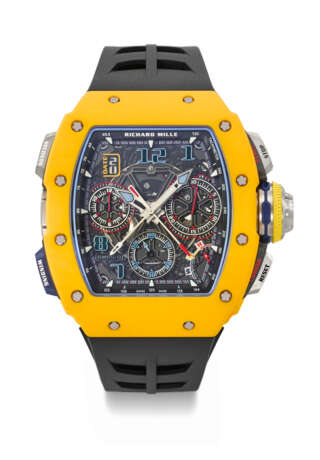 RICHARD MILLE. AN EXTREMELY RARE AND COMPLICATED DARK YELLOW QUARTZ TPT&#174; LIMITED EDITION AUTOMATIC SPLIT-SECONDS CHRONOGRAPH WRISTWATCH WITH DATE, FUNCTION SELECTOR AND RAPID WINDING FUNCTION, SOLD TO BENEFIT ELA - Foto 1