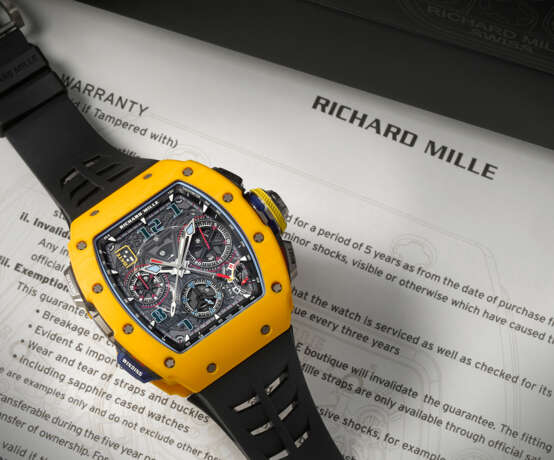 RICHARD MILLE. AN EXTREMELY RARE AND COMPLICATED DARK YELLOW QUARTZ TPT&#174; LIMITED EDITION AUTOMATIC SPLIT-SECONDS CHRONOGRAPH WRISTWATCH WITH DATE, FUNCTION SELECTOR AND RAPID WINDING FUNCTION, SOLD TO BENEFIT ELA - photo 3