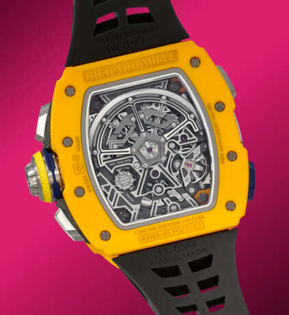 RICHARD MILLE. AN EXTREMELY RARE AND COMPLICATED DARK YELLOW QUARTZ TPT&#174; LIMITED EDITION AUTOMATIC SPLIT-SECONDS CHRONOGRAPH WRISTWATCH WITH DATE, FUNCTION SELECTOR AND RAPID WINDING FUNCTION, SOLD TO BENEFIT ELA - photo 4