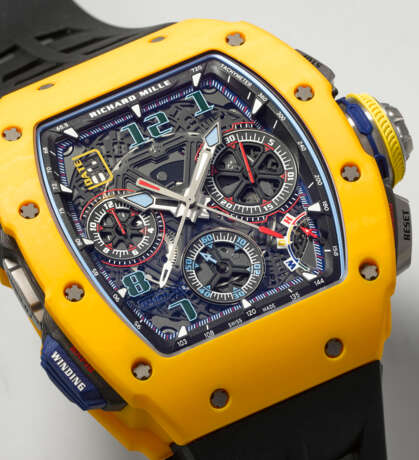 RICHARD MILLE. AN EXTREMELY RARE AND COMPLICATED DARK YELLOW QUARTZ TPT&#174; LIMITED EDITION AUTOMATIC SPLIT-SECONDS CHRONOGRAPH WRISTWATCH WITH DATE, FUNCTION SELECTOR AND RAPID WINDING FUNCTION, SOLD TO BENEFIT ELA - photo 6