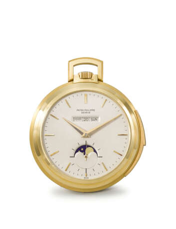 PATEK PHILIPPE. AN EXTREMELY RARE AND ATTRACTIVE 18K GOLD OPENFACE MINUTE REPEATING PERPETUAL CALENDAR KEYLESS LEVER WATCH WITH MOON PHASES - фото 1