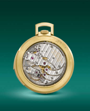 PATEK PHILIPPE. AN EXTREMELY RARE AND ATTRACTIVE 18K GOLD OPENFACE MINUTE REPEATING PERPETUAL CALENDAR KEYLESS LEVER WATCH WITH MOON PHASES - фото 4