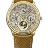 AUDEMARS PIGUET. A RARE AND ELEGANT 18K GOLD AUTOMATIC SKELETONIZED PERPETUAL CALENDAR WRISTWATCH WITH MOON PHASES - фото 1