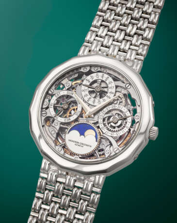 VACHERON CONSTANTIN. THE ONLY KNOWN AND INCREDIBLE PLATINUM AUTOMATIC SKELETONIZED PERPETUAL CALENDAR WRISTWATCH WITH MOON PHASES, HEXADECAGONAL CASE AND BRACELET - photo 2