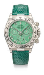 ROLEX. A RARE AND VIBRANT 18K WHITE GOLD AUTOMATIC CHRONOGRAPH WRISTWATCH WITH GREEN CHRYSOPRASE DIAL