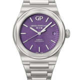 GIRARD-PERREGAUX. A UNIQUE AND HIGHLY ATTRACTIVE STAINLESS STEEL AUTOMATIC WRISTWATCH WITH SWEEP CENTRE SECONDS, DATE AND GUILLOCH&#201; PURPLE ENAMEL DIAL - photo 1