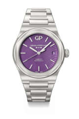 GIRARD-PERREGAUX. A UNIQUE AND HIGHLY ATTRACTIVE STAINLESS STEEL AUTOMATIC WRISTWATCH WITH SWEEP CENTRE SECONDS, DATE AND GUILLOCH&#201; PURPLE ENAMEL DIAL