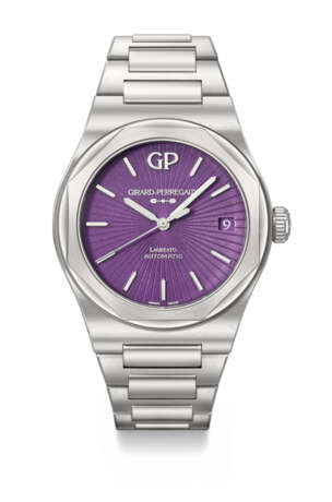 GIRARD-PERREGAUX. A UNIQUE AND HIGHLY ATTRACTIVE STAINLESS STEEL AUTOMATIC WRISTWATCH WITH SWEEP CENTRE SECONDS, DATE AND GUILLOCH&#201; PURPLE ENAMEL DIAL - photo 1