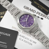 GIRARD-PERREGAUX. A UNIQUE AND HIGHLY ATTRACTIVE STAINLESS STEEL AUTOMATIC WRISTWATCH WITH SWEEP CENTRE SECONDS, DATE AND GUILLOCH&#201; PURPLE ENAMEL DIAL - photo 3