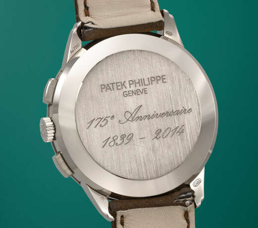 PATEK PHILIPPE. A RARE 18K WHITE GOLD LIMITED EDITION AUTOMATIC MULTI-SCALE CHRONOGRAPH WRISTWATCH, MADE TO COMMEMORATE THE 175TH ANNIVERSARY OF PATEK PHILIPPE IN 2014 - photo 4