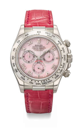 ROLEX. A RARE AND VIBRANT 18K WHITE GOLD AUTOMATIC CHRONOGRAPH WRISTWATCH WITH PINK MOTHER-OF-PEARL DIAL - photo 1