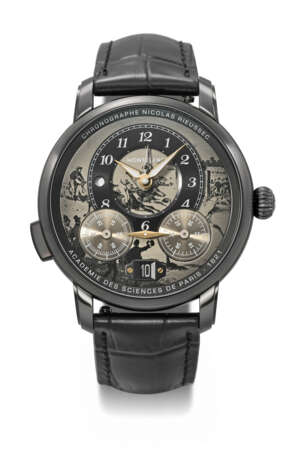 MONTBLANC. A UNIQUE AND COMPLICATED BLACK DLC-COATED STAINLESS STEEL AUTOMATIC DUAL TIME MONOPUSHER CHRONOGRAPH WRISTWATCH WITH DATE, DAY/NIGHT INDICATION AND REVOLVING CHRONOGRAPH REGISTERS WITH SINGLE FIXED REGISTER HAND - фото 1