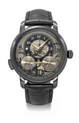 MONTBLANC. A UNIQUE AND COMPLICATED BLACK DLC-COATED STAINLESS STEEL AUTOMATIC DUAL TIME MONOPUSHER CHRONOGRAPH WRISTWATCH WITH DATE, DAY/NIGHT INDICATION AND REVOLVING CHRONOGRAPH REGISTERS WITH SINGLE FIXED REGISTER HAND