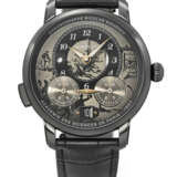 MONTBLANC. A UNIQUE AND COMPLICATED BLACK DLC-COATED STAINLESS STEEL AUTOMATIC DUAL TIME MONOPUSHER CHRONOGRAPH WRISTWATCH WITH DATE, DAY/NIGHT INDICATION AND REVOLVING CHRONOGRAPH REGISTERS WITH SINGLE FIXED REGISTER HAND - photo 1