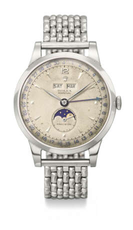 ROLEX. A VERY RARE AND CHARMING STAINLESS STEEL AUTOMATIC TRIPLE CALENDAR WRISTWATCH WITH MOON PHASES - photo 1