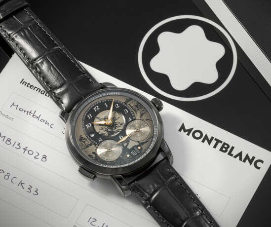 MONTBLANC. A UNIQUE AND COMPLICATED BLACK DLC-COATED STAINLESS STEEL AUTOMATIC DUAL TIME MONOPUSHER CHRONOGRAPH WRISTWATCH WITH DATE, DAY/NIGHT INDICATION AND REVOLVING CHRONOGRAPH REGISTERS WITH SINGLE FIXED REGISTER HAND - photo 3