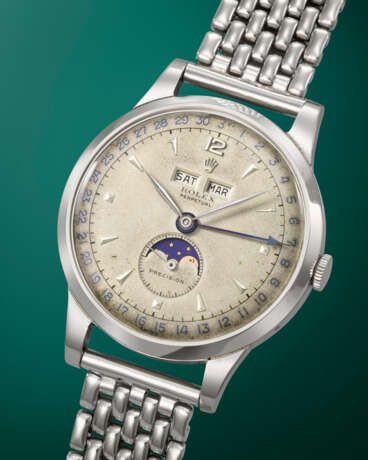 ROLEX. A VERY RARE AND CHARMING STAINLESS STEEL AUTOMATIC TRIPLE CALENDAR WRISTWATCH WITH MOON PHASES - photo 2