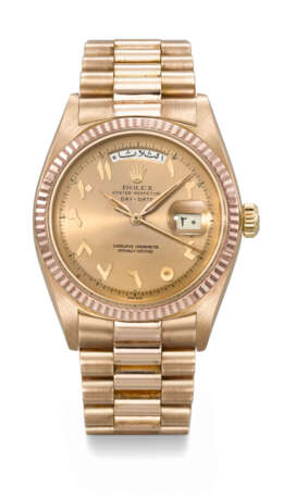 ROLEX. AN EXTREMELY RARE AND ATTRACTIVE 18K PINK GOLD AUTOMATIC WRISTWATCH WITH ARABIC CALENDAR, EASTERN ARABIC NUMERALS AND BRACELET - фото 1