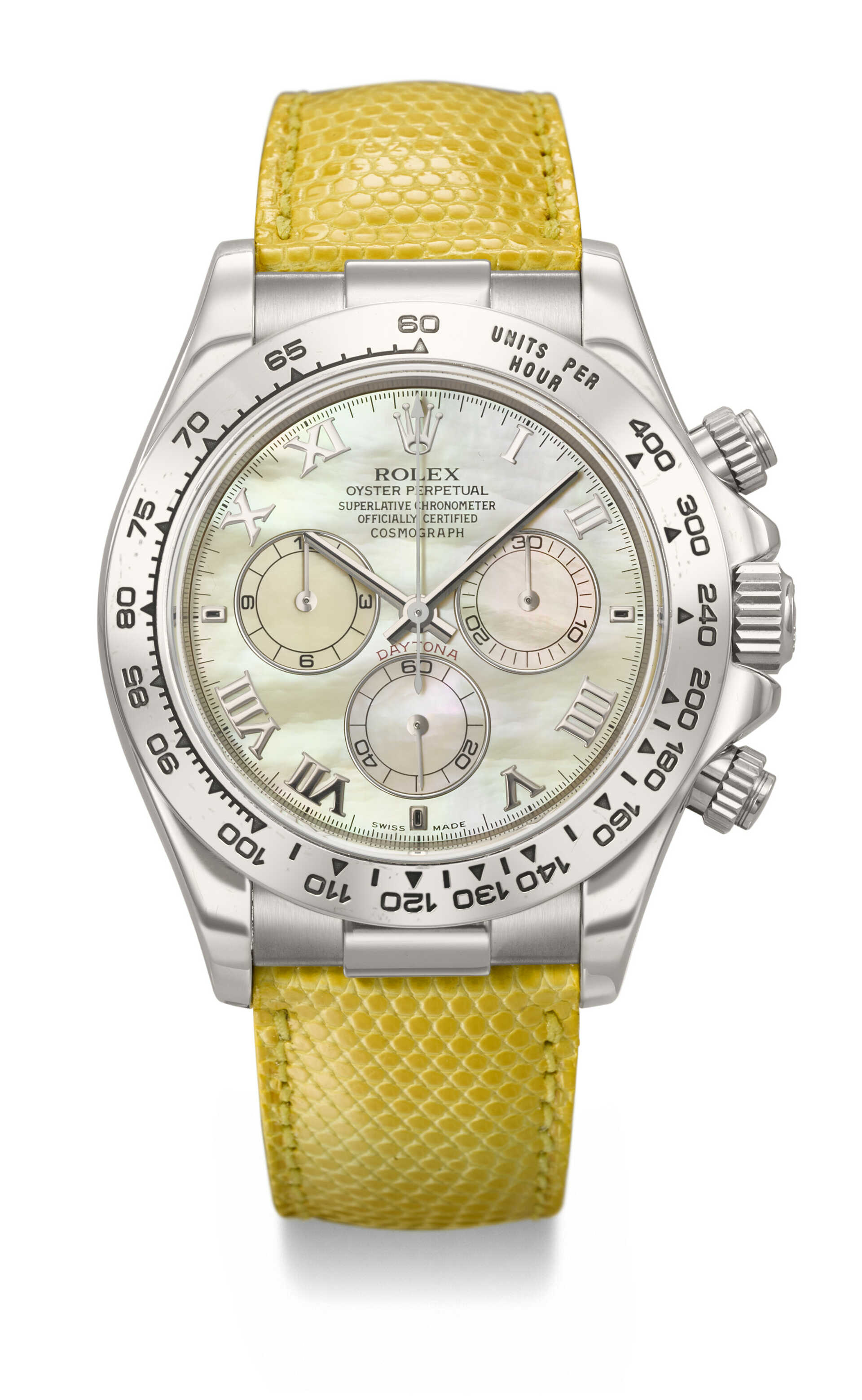 ROLEX. A RARE AND VIBRANT 18K WHITE GOLD AUTOMATIC CHRONOGRAPH WRISTWATCH WITH YELLOW MOTHER-OF-PEARL DIAL