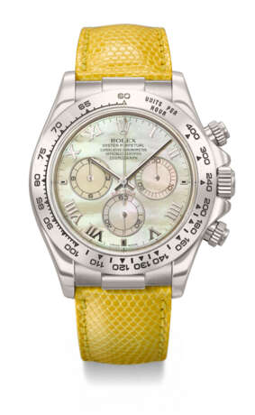 ROLEX. A RARE AND VIBRANT 18K WHITE GOLD AUTOMATIC CHRONOGRAPH WRISTWATCH WITH YELLOW MOTHER-OF-PEARL DIAL - photo 1