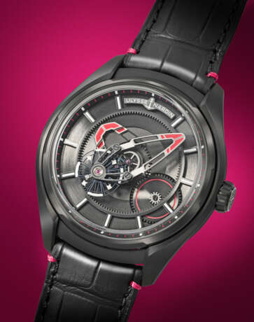 ULYSSE NARDIN. A UNIQUE AND HIGHLY ATTRACTIVE BLACK DLC-COATED TITANIUM AUTOMATIC WRISTWATCH WITH OVERSIZED SILICON OSCILLATOR, INSPIRED BY THE SIGNATURE COLOURS OF ELA - photo 2